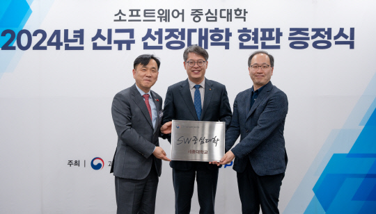 (왼쪽부터) 강도현 과기정통부 차관, 엄종화 세종대 총장, 송오영 SW중심대학사업단장이 SW중심대학 현판을 들고 기념촬영을 하고 있다.  [세종대 제공]